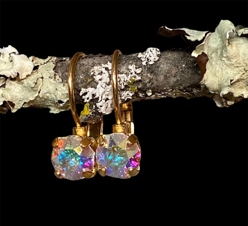 Gold Iridescent Crystal Leverback Earrings for Women with Jewelry Gift Box