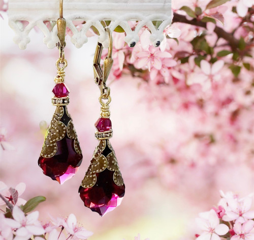 Antique Inspired Crystal Vintage - Victorian Drop Dangle Earrings for Women- Unique Jewelry Gift Box for Her (Red)